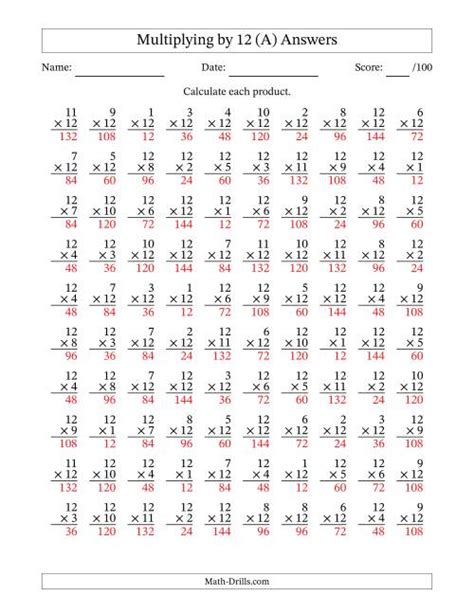 Multiplying By Twelve 12 With Factors 1 To 12 100 Questions A