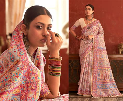 Peachish Pink Kashmiri Kani Sarees For Woman With Wonderful Woven