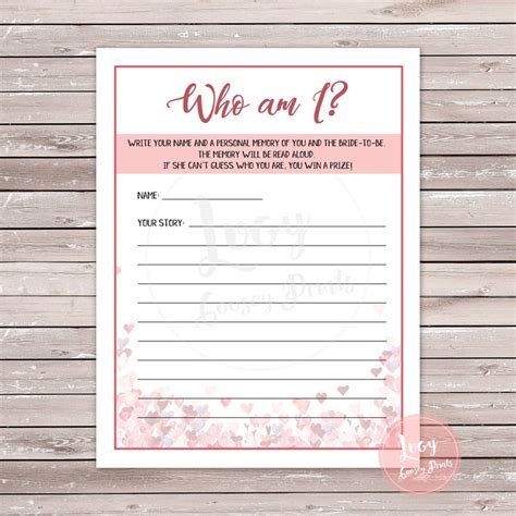 Who Am I Instant Download Printable Game Bachelorette Party Bridal Shower Game Hearts Theme Etsy