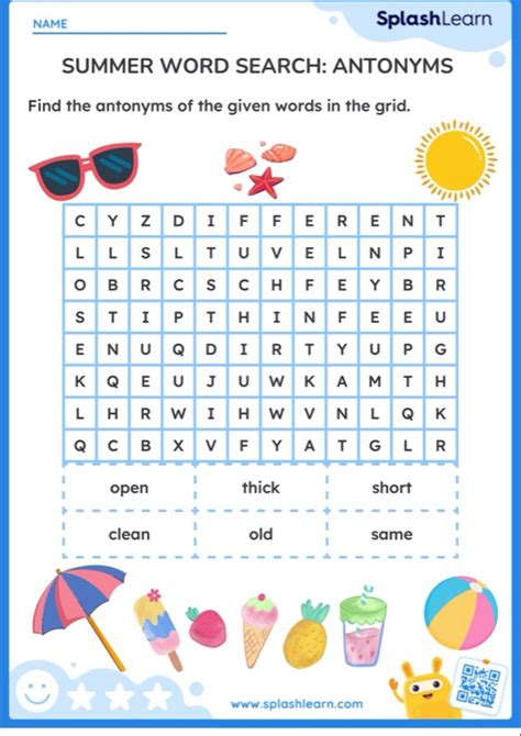 Summer Word Search Antonyms Printable Ela Worksheet Worksheets Library