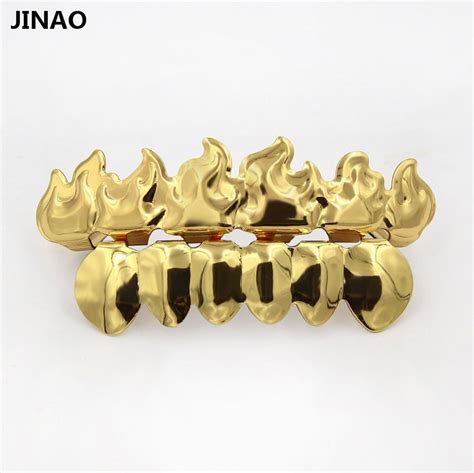 JINAO New Custom Fit Pure Gold Color Plated Vampire Fire Teeth Grills