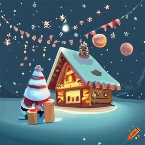 Cartoon Drawing Of Santa Claus And A Chalet For Christmas Market