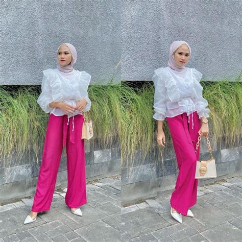 Jual Pink Fuschia Series Celana Kulot Dan Outer Putih Blouse Korea