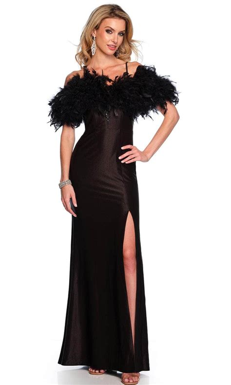 Dave And Johnny 11436 Cold Shoulder Feather Detailed Prom Gown