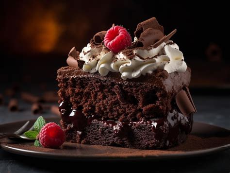 Premium AI Image | A slice of chocolate cake with whipped cream and ...