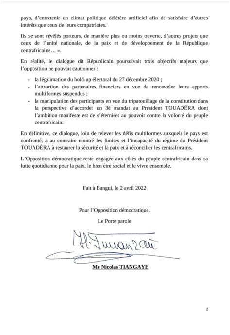 Centrafrique Dialogue républicain lopposition démocratique