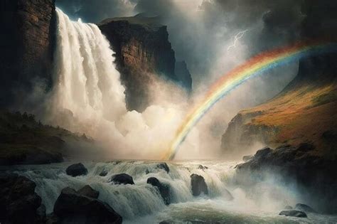 Un Arco Iris Sobre Una Cascada Atronadora Con Niebla Que Se Eleva En El