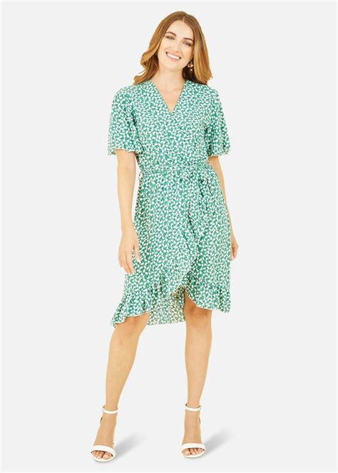 Mela Green Ditsy Floral Frill Wrap Dress Matalan