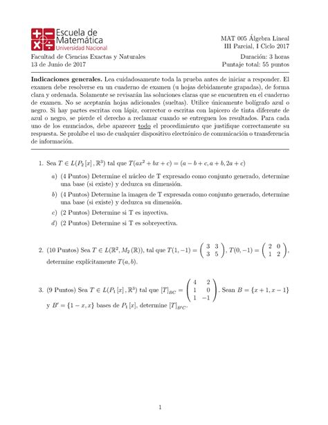 Examen 2017 Preguntas MAT 005 Algebra Lineal Parcial I Ciclo 2017