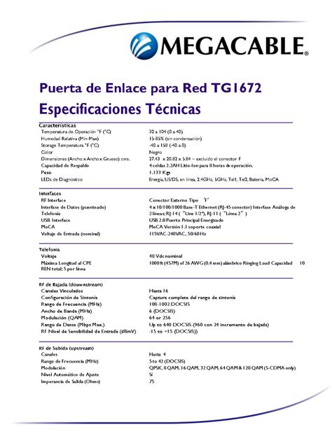 TG1672 Soporte técnico Megacable Televisión Telefonía e Internet