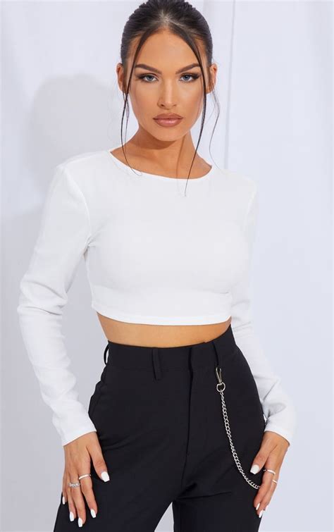 White Crepe Backless Long Sleeve Crop Top White Long Sleeve Shirt