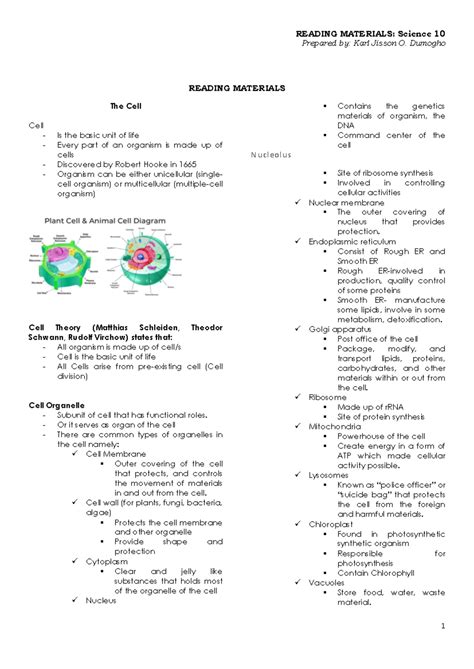 CELL AND Basic Concept OF Heredity READING MATERIALS Science 10