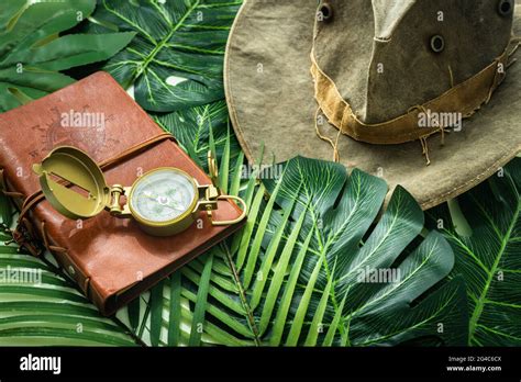 Travel Style Notebook With Compass And Hat Green Tropical Leaves