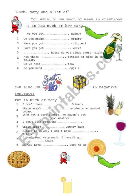 Much Many A Lot Of Esl Worksheet By 1957