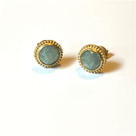 PP34C Gold Beaded Stud Earrings With Milky Aquamarine