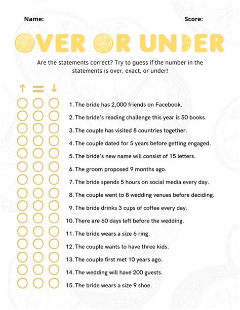 Over Or Under Bridal Shower Game 2 Free Pdf Templates