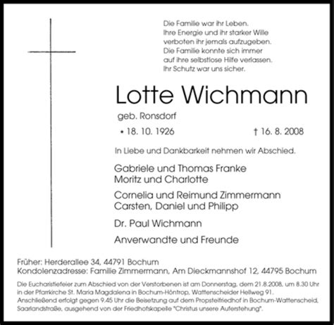 Traueranzeigen Von Lotte Wichmann Trauer In Nrw De