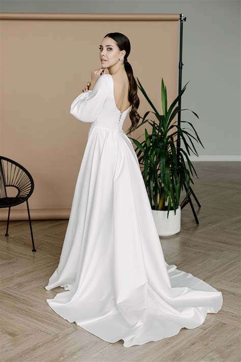 Minimalist Satin Wedding Dress With Puff Long Sleeve Elegant Etsy