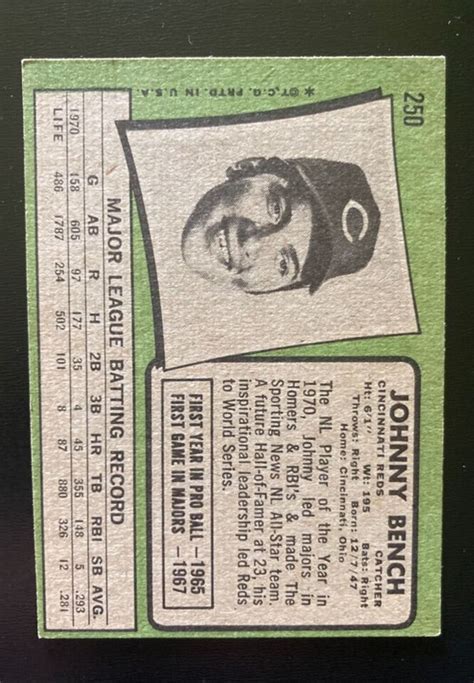 1971 Topps Johnny Bench 250 Cincinnati Reds EBay