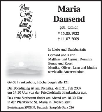 Traueranzeigen Von Maria Dausend Saarbruecker Zeitung Trauer De