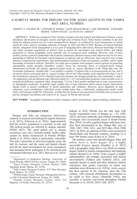 Pdf A Habitat Model For Disease Vector Aedes Aegypti In The Tampa Bay