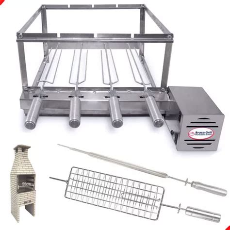 Kit Grill Inox Gira 4 Espetos Churrasqueira Pré Moldada 55cm Frete grátis