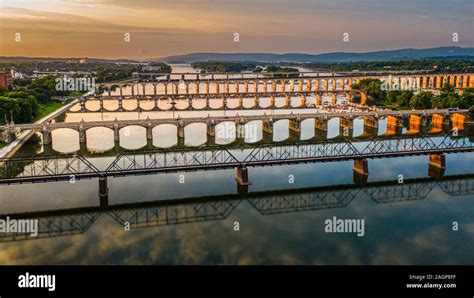 Many Bridges Over River In Sunset Harrisburg Pennsylvania