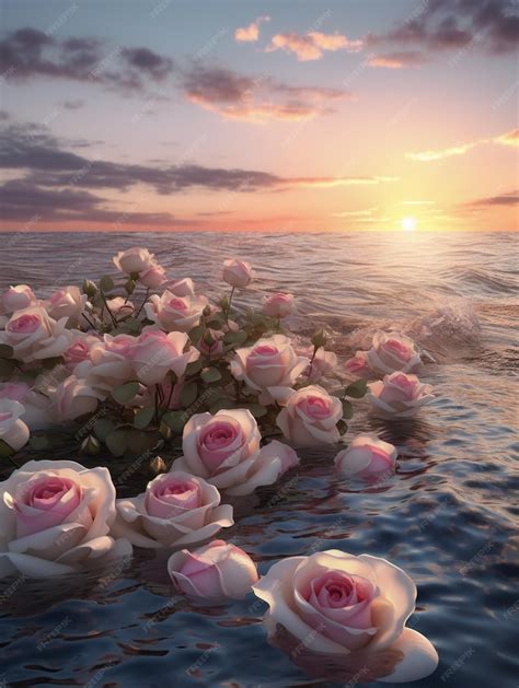 Premium Ai Image A Painting Of Pink Roses Floating In The Ocean