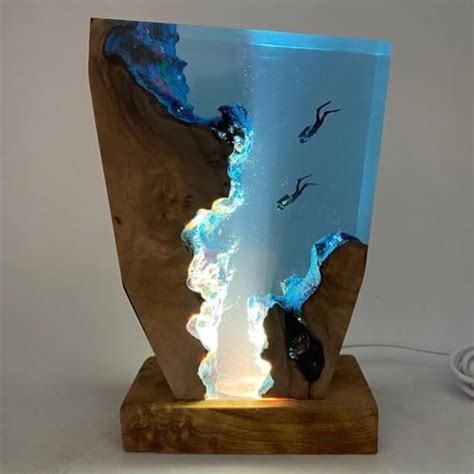 Whale Shark And Divers Night Light Shark And Diver Resin Wood Lamp