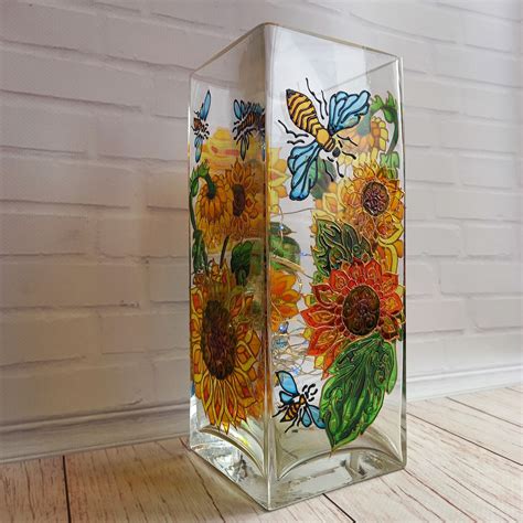 Tall Stained Glass Vase 1044 In 261010 Cm Sunflowers Etsy