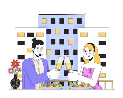 Heterosexual Couple On Date Night Restaurant Line Cartoon Flat