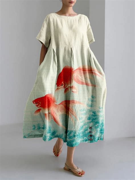 Comstylish Goldfish Japanese Art Linen Blend Maxi Dress