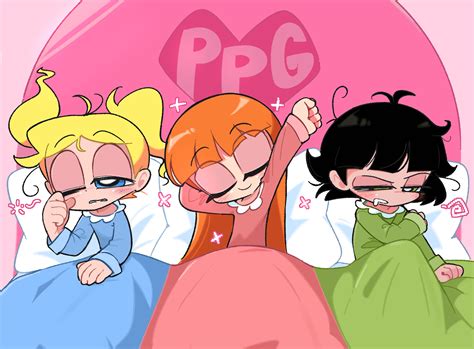 Safebooru 3girls Bed Black Hair Blanket Blonde Hair Blossom Ppg