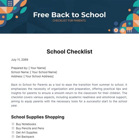 Free Back To School Checklist For Parents Template Edit Online