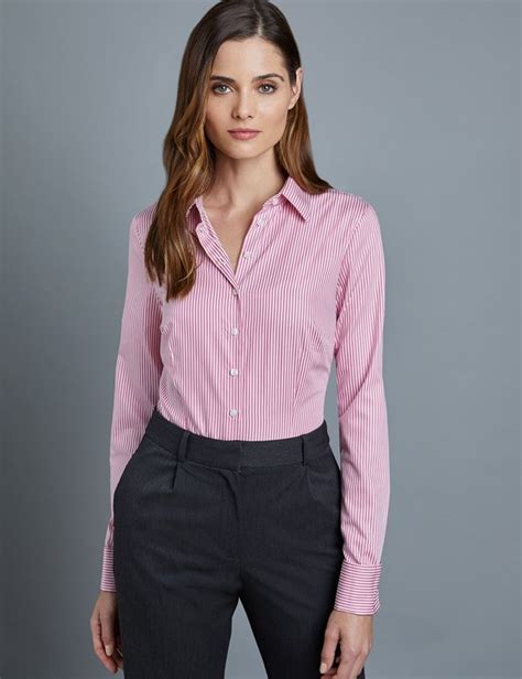 Womens Rose And White Bengal Stripe Fitted Executive Shirt Double Cuff