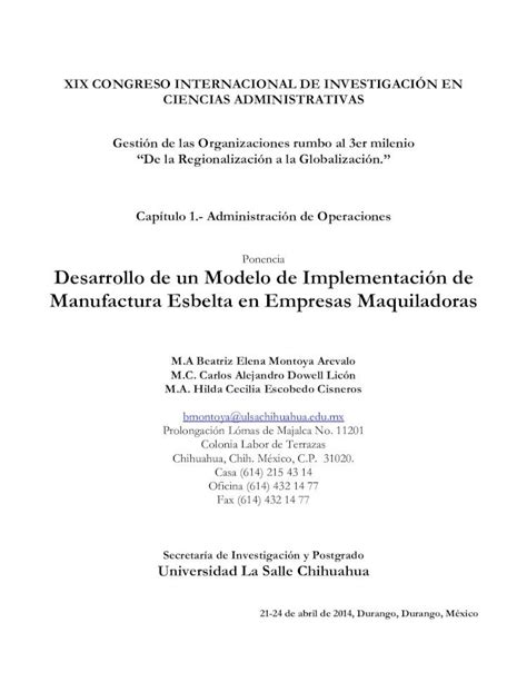 PDF Desarrollo de un Modelo de Implementación de Manufactura