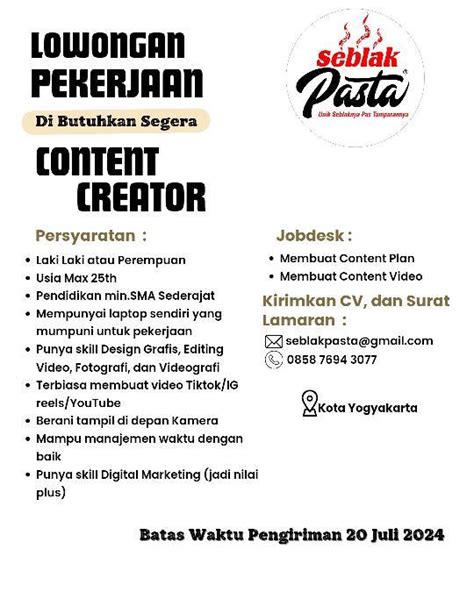 Lowongan Kerja Content Creator Di Seblak Pasta LokerJogja ID