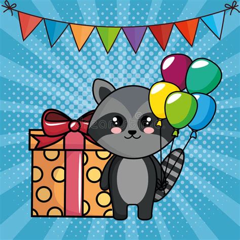 Carte De Joyeux Anniversaire Avec Le Raton Laveur Mignon Illustration