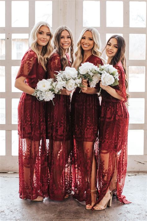 Womens Wearing Burgundy Wine Red Lace Bridesmaid Dresses Burgendy