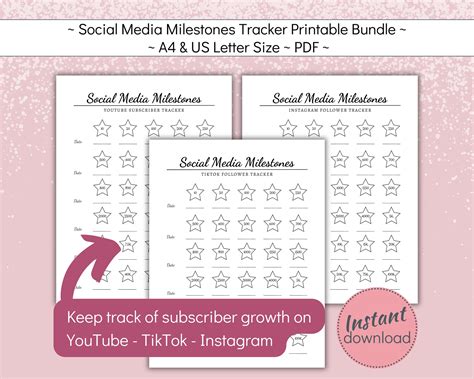 Social Media Milestones Tracker Printable Youtube Tiktok Instagram