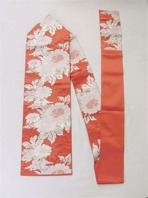 M0525F Vintage Japanese Kimono Shiny Orange NAGOYA OBI Sash Peony Silk