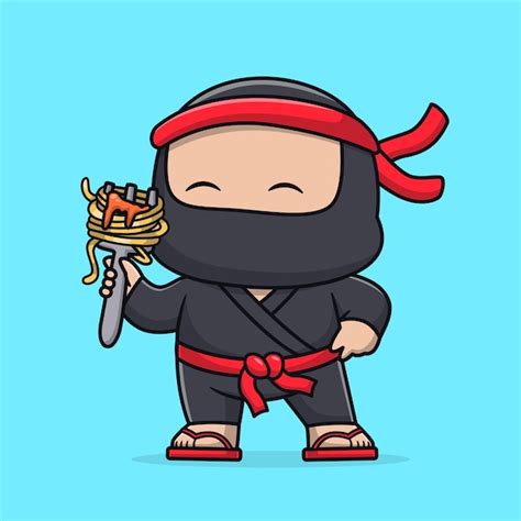 Ninja Lindo Comiendo Espagueti Con Tenedor Icono Vectorial De Dibujos