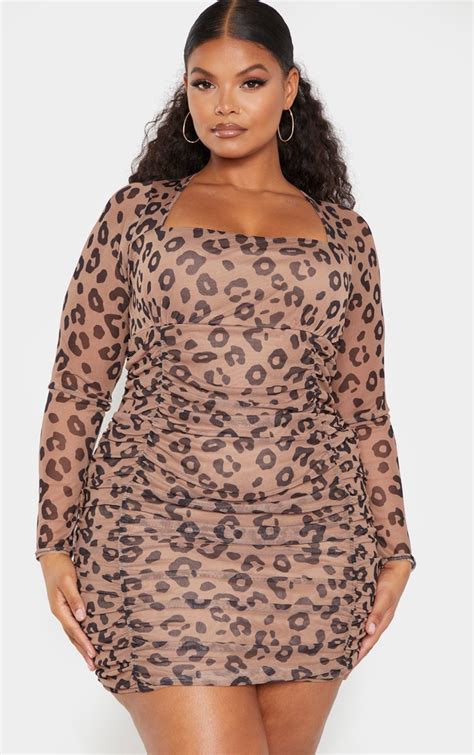 Plus Brown Leopard Mesh Straight Neck Dress Prettylittlething Usa