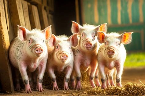 Quatro leitões cor de rosa ficam um ao lado do outro no quintal da