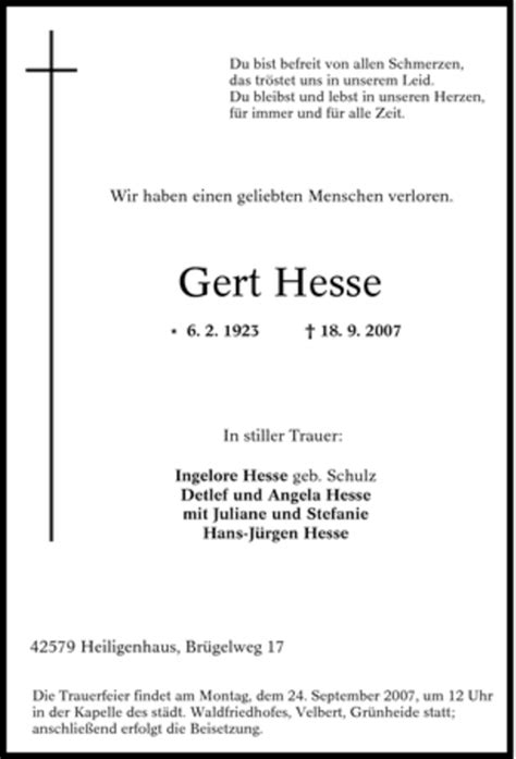 Traueranzeigen Von Gert Hesse Trauer In NRW De