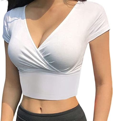 Women Short Sleeve V Neck Cross Wrap Sexy Crop Top T Shirt Wf Shopping