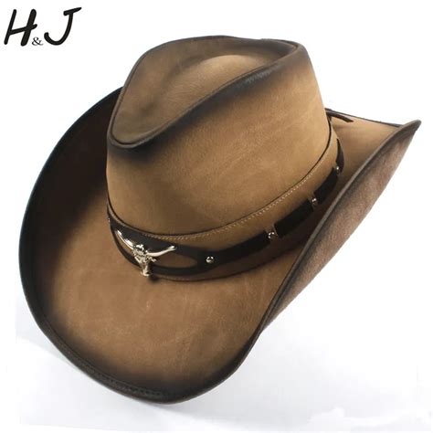 100% Leather Black Men Western Cowboy Hat For Gentleman Dad Cowboy ...