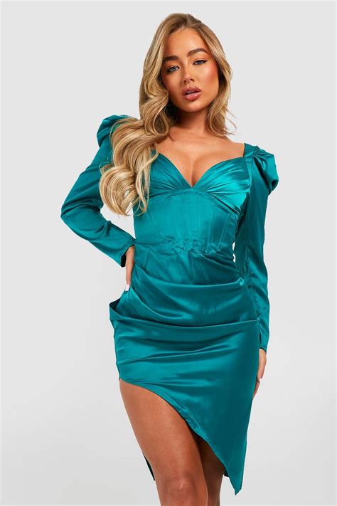 Satin Corset Puff Sleeve Midi Dress Boohoo Uk