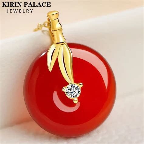 Natural Red Agate Pendant Real K Gold Necklace Pendant Bamboo Leaf