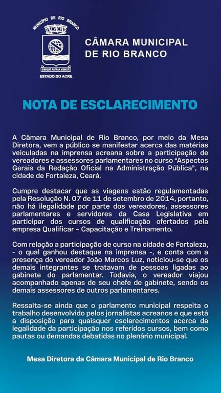 Nota De Esclarecimento C Mara Municipal De Rio Branco